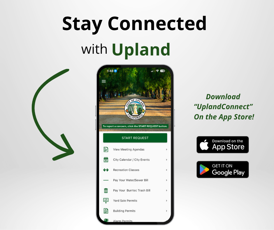 Graphic that displays UplandConnect App on an iphone with options to download from the App store or from Google Play
